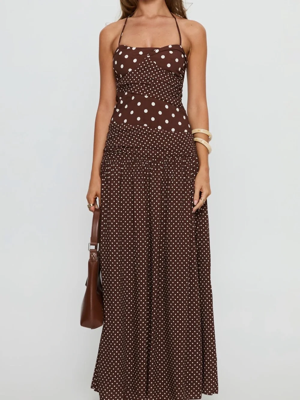 Princess Polly Brown Polka Dot Halter Maxi Dress